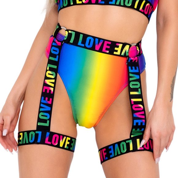 Rainbow LOVE Print Belt with Leg Garters and O Rings